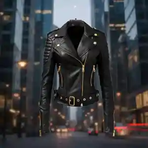 A professional showcase of women’s black leather biker jackets featuring asymmetrical silver zippers, wide notched lapels, and belted waist details.
