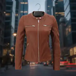 A selection of women’s leather cafe racer jackets featuring minimalist stand-up collars, sleek zip-front closures, and tailored silhouettes in various leather finishes.