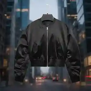 Women’s satin bomber jackets featuring a high-gloss finish, ribbed-knit trim, and a relaxed silhouette in various pastel and classic colors.