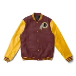 redskins varsity jacket with brown wool body and yellow leather sleeves