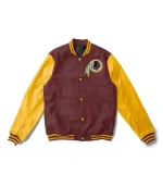 redskins varsity jacket with brown wool body and yellow leather sleeves