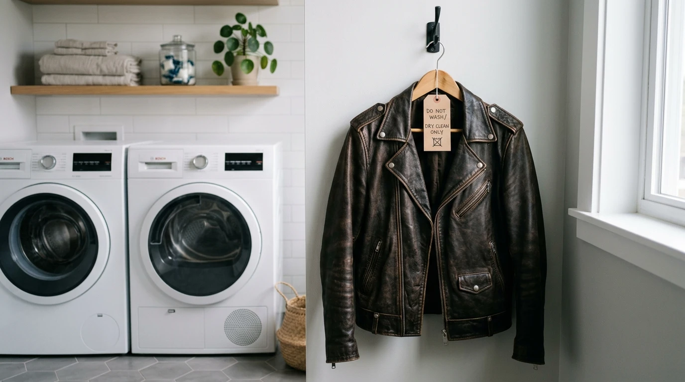Leather jacket hanging near washing machine with do not wash sign
