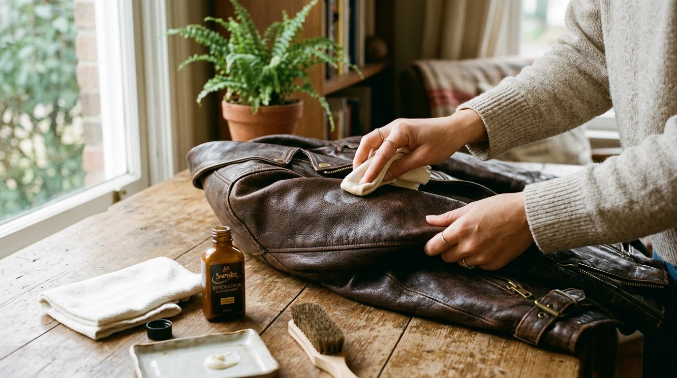 Cleaning leather jacket with soft cloth and leather care products