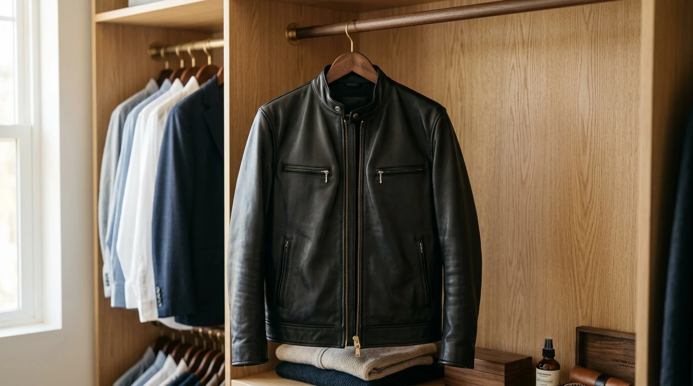 Leather jacket hanging properly to remove wrinkles naturally