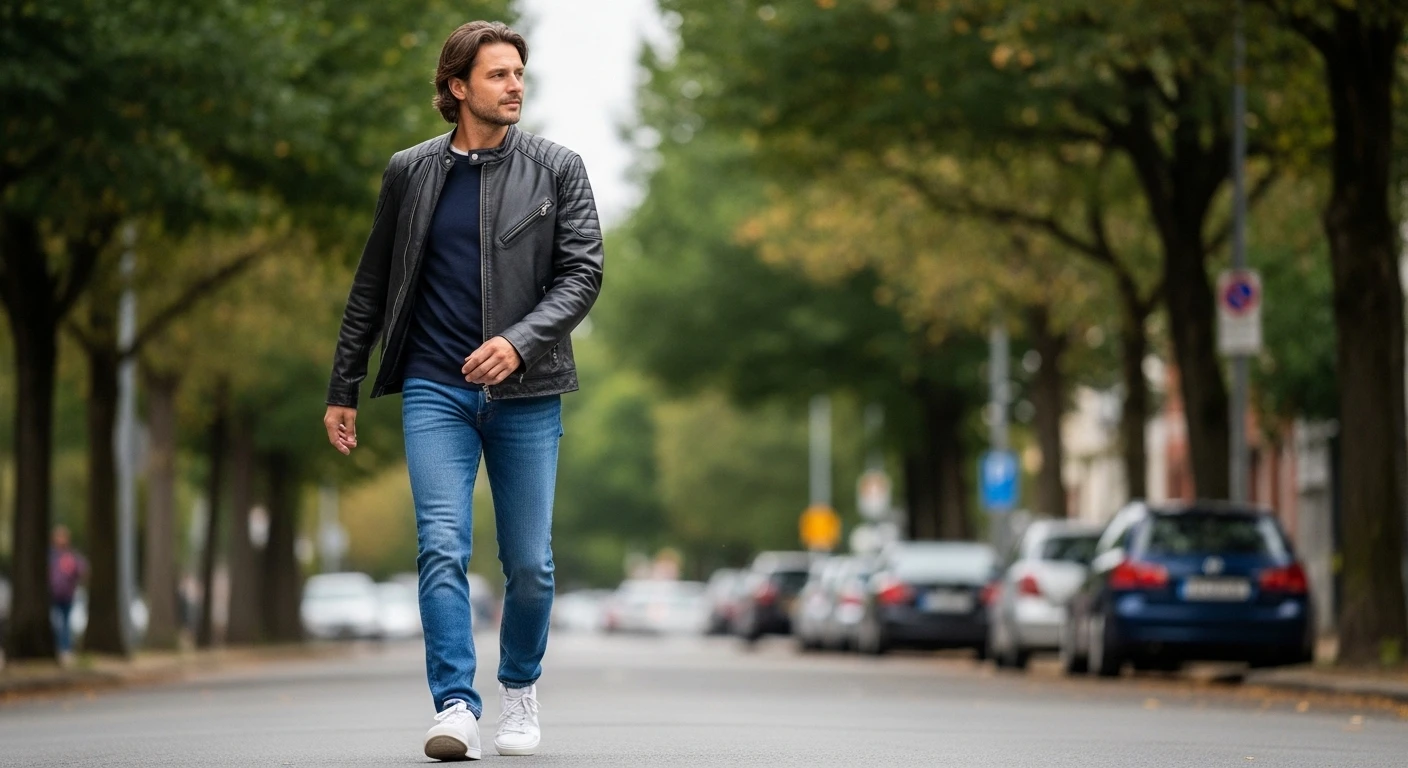 Casual leather jacket outfit with jeans and sneakers street style