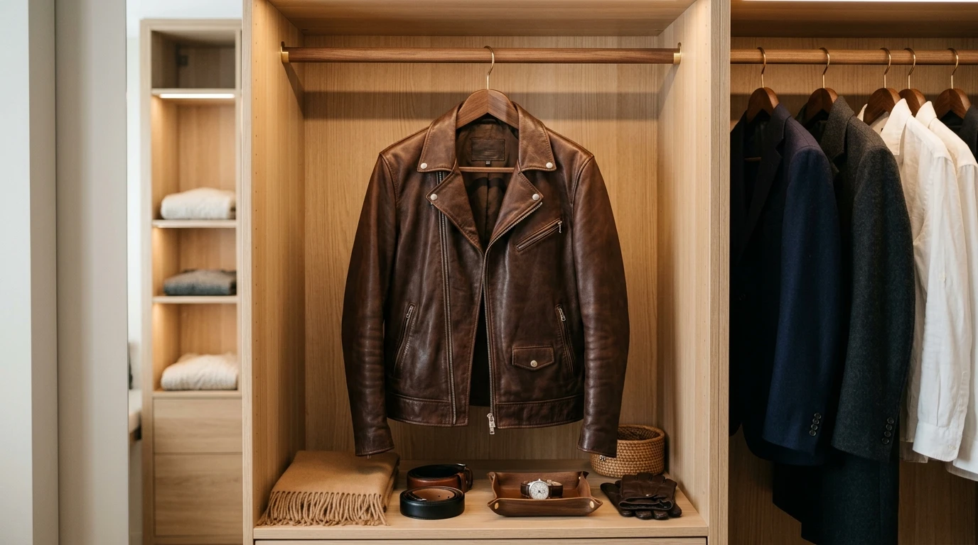 Leather jacket stored in wardrobe on wooden hanger properly organized