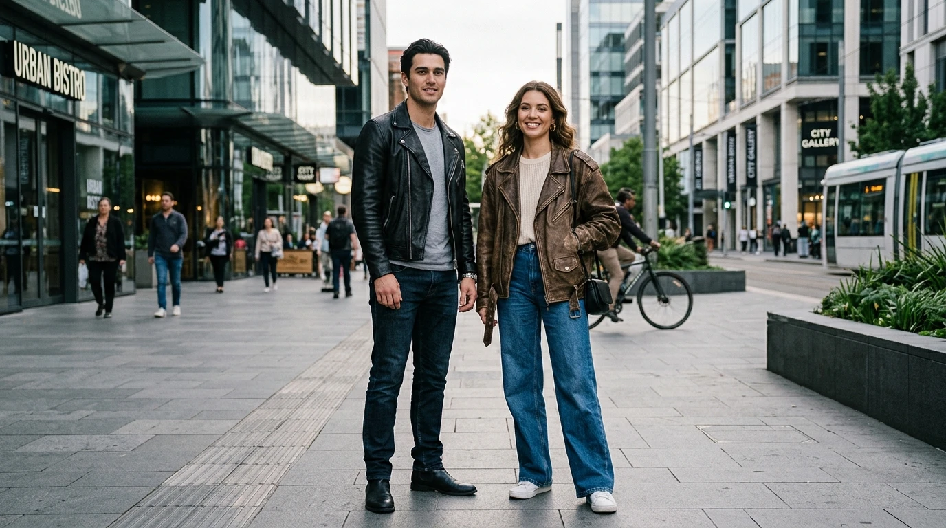 Men and women wearing leather jackets with different fits and styles
