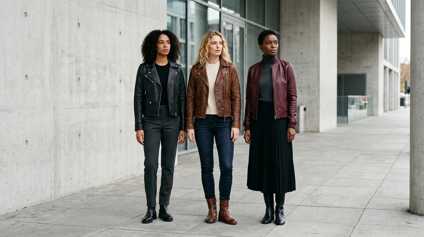 Black brown and burgundy leather jackets styled in modern outfits