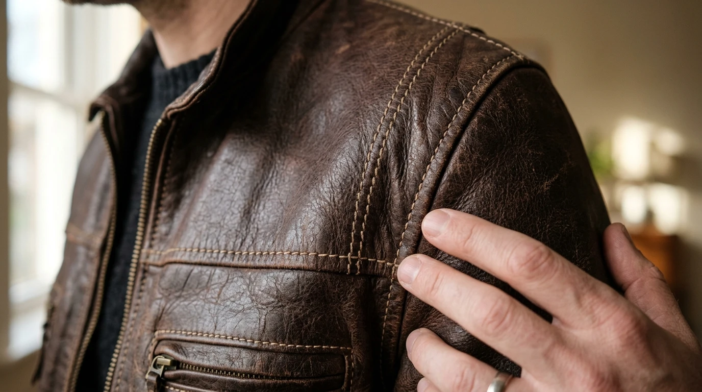 Close-up of real leather jacket texture and stitching details