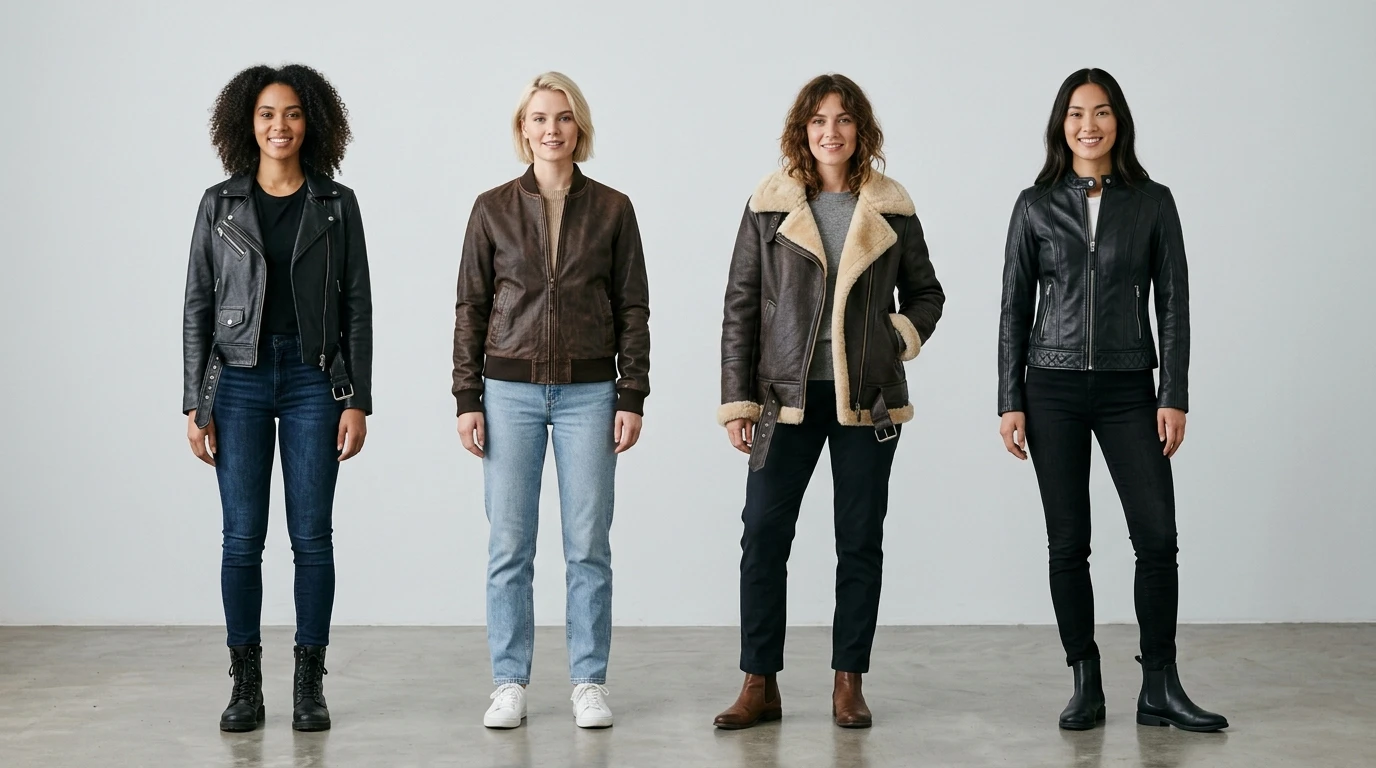 Different leather jacket styles biker bomber aviator and moto comparison