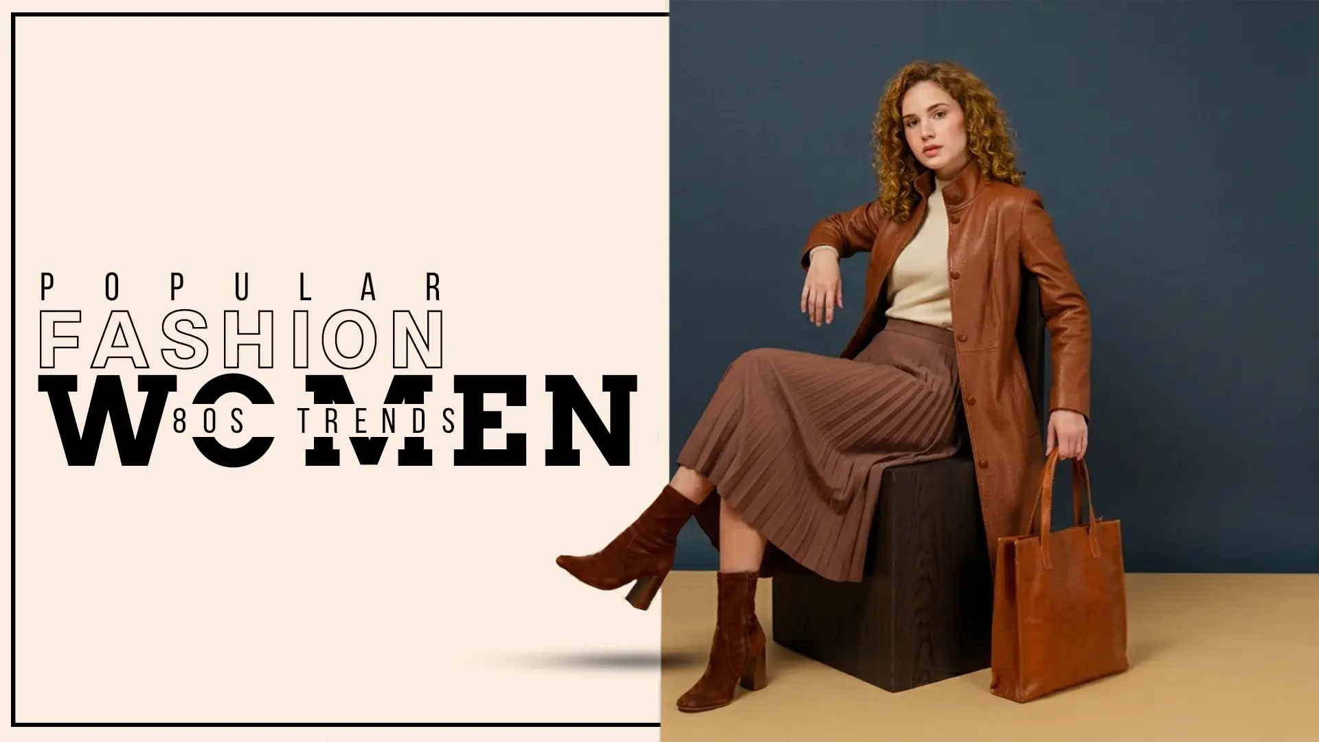 Woman wearing brown leather coat and pleated skirt inspired by 80s fashion trends