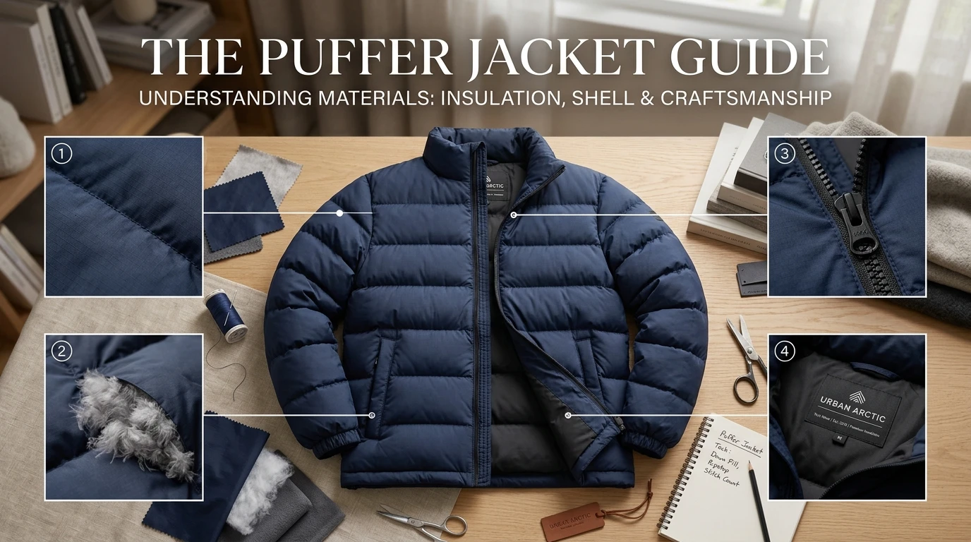 Puffer jacket materials including insulation filling fabric texture zipper details and craftsmanship close up