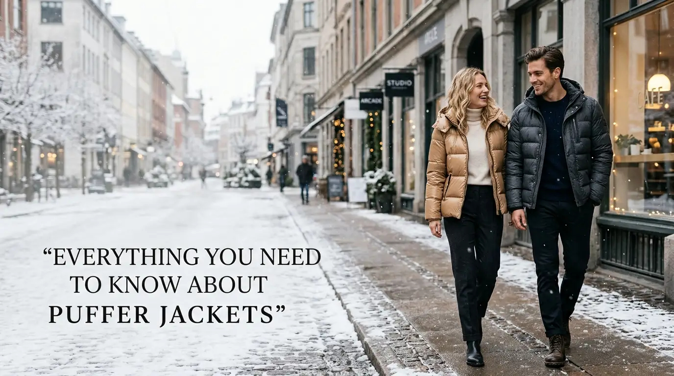 Puffer jackets winter street style showing two outfits in urban setting with casual and modern fashion looks