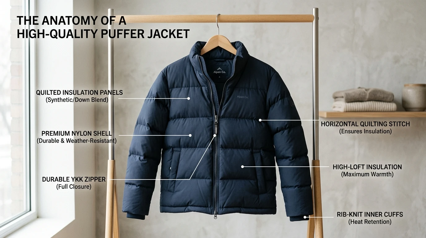 High quality puffer jacket structure showing insulation panels nylon shell zipper and stitching details