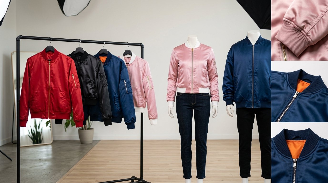 Different satin bomber jackets showing slim fit oversized and cropped styles on hangers