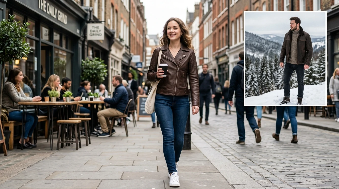 woman wearing lambskin leather jacket in city and man wearing cowhide jacket in cold weather