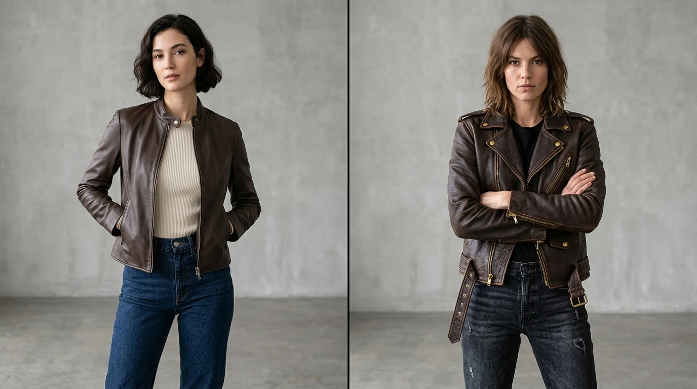 two models comparing lambskin leather jacket and cowhide biker jacket fit and structure