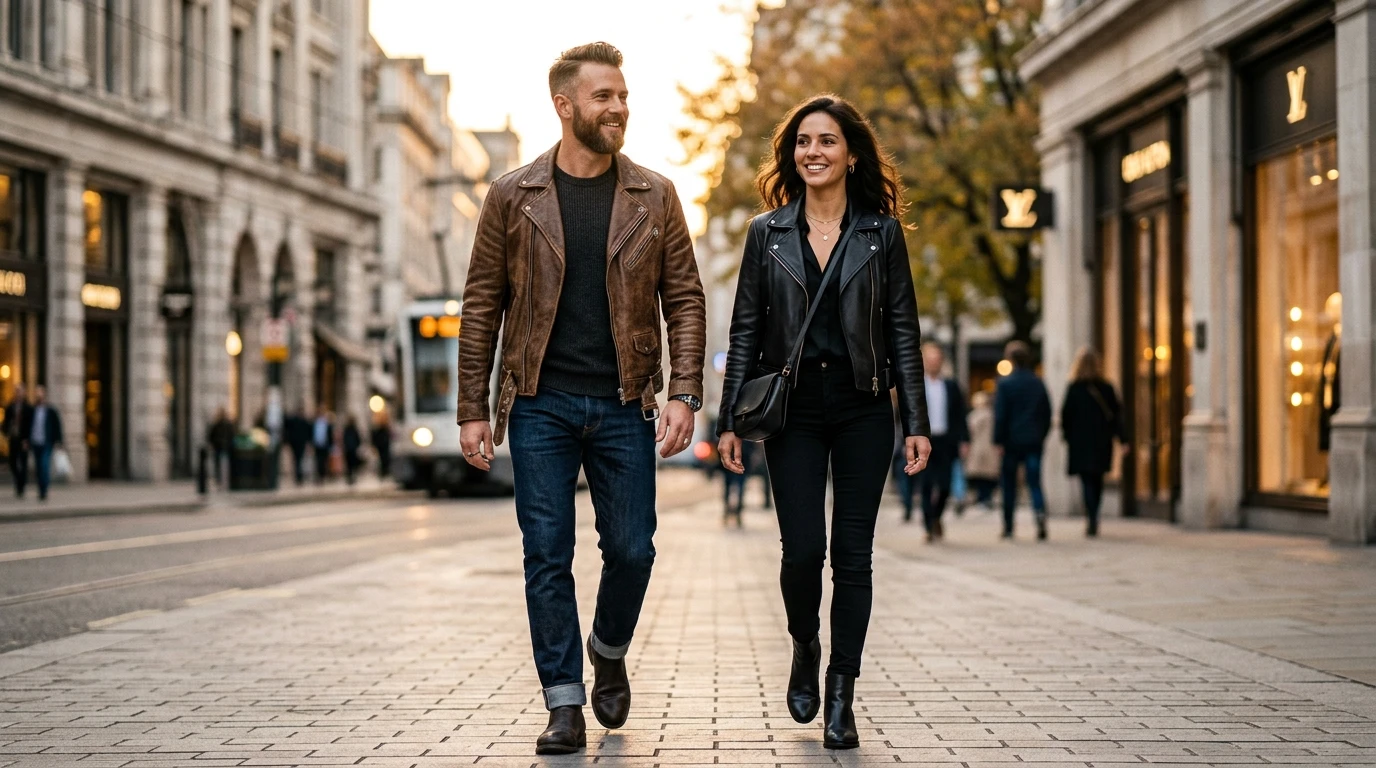 man and woman wearing lambskin and cowhide leather jackets walking in city street