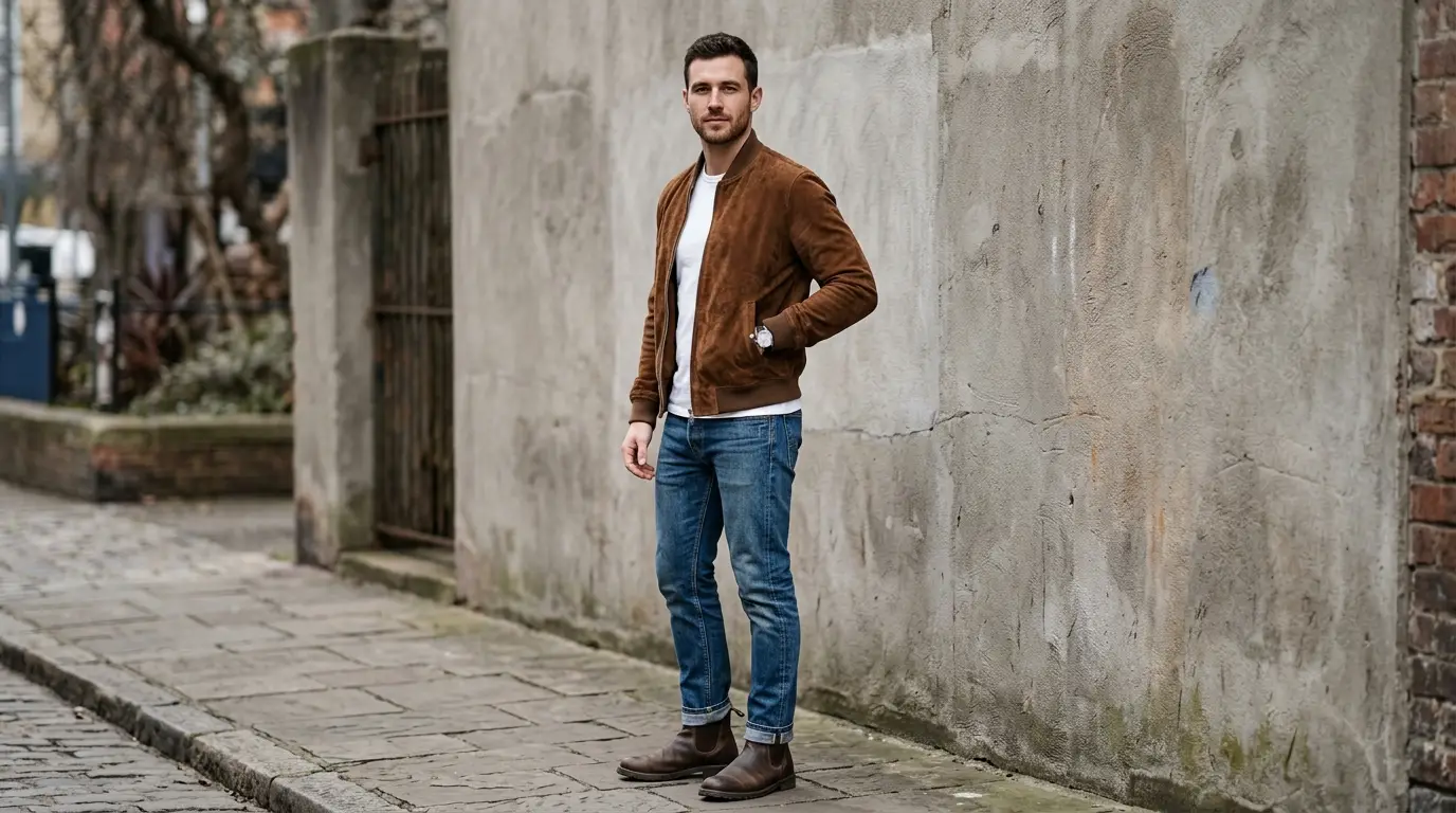 man wearing brown suede bomber jacket with jeans and boots casual outfit