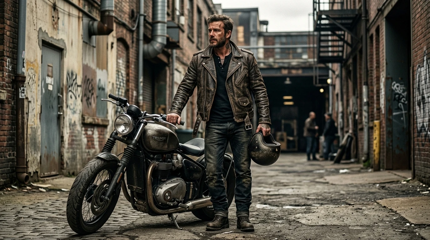 man wearing rugged cowhide leather biker jacket standing next to motorcycle