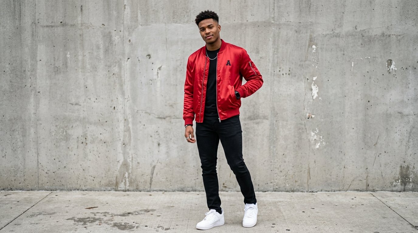 Male model wearing a red satin bomber jacket with black jeans and white sneakers