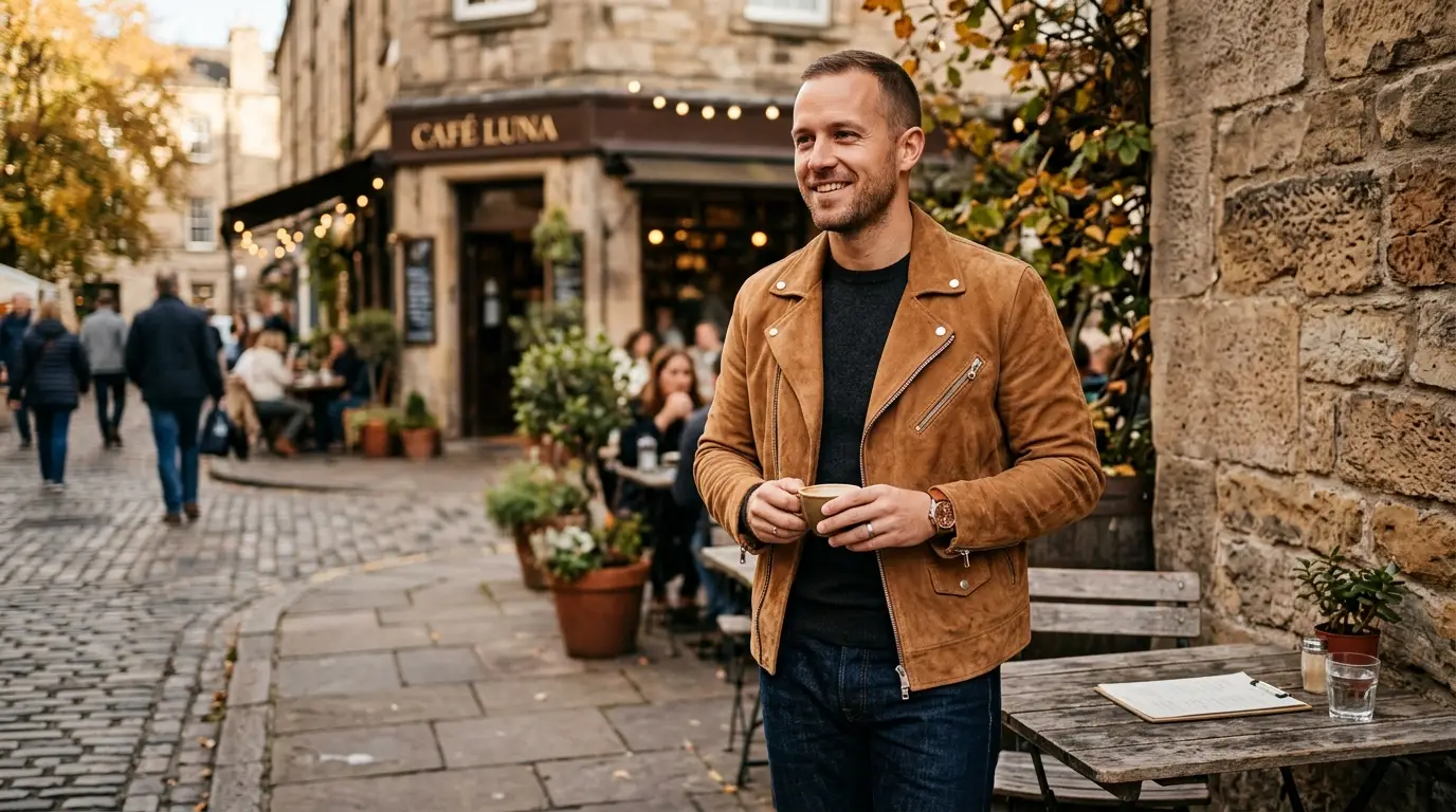 man wearing brown suede jacket standing at outdoor café with casual stylish outfit