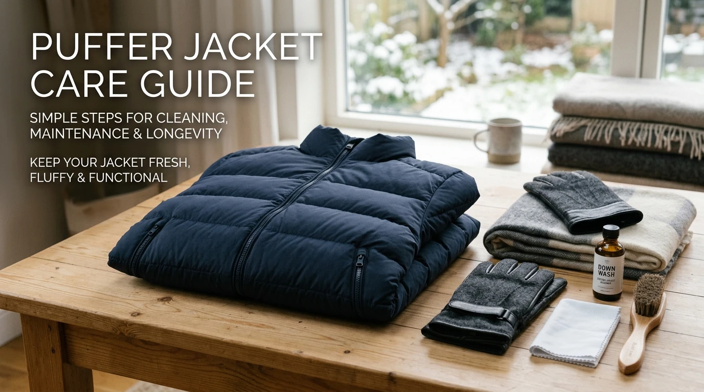 Puffer jacket care guide showing cleaning tools folded jacket and winter accessories on wooden table