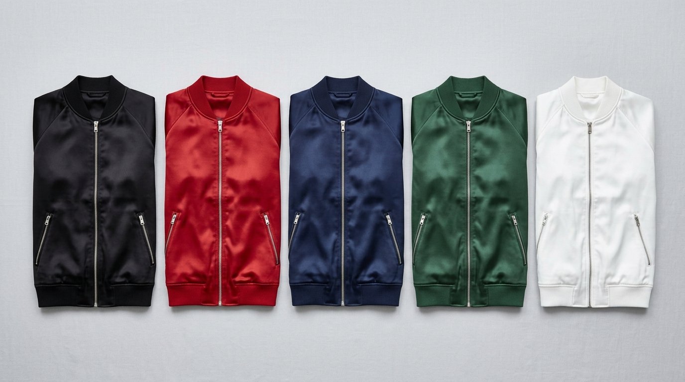 Collection of satin bomber jackets in black red blue green and white colors
