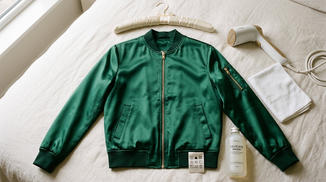Satin bomber jacket with care tools like hanger steamer and soft cloth for maintenance
