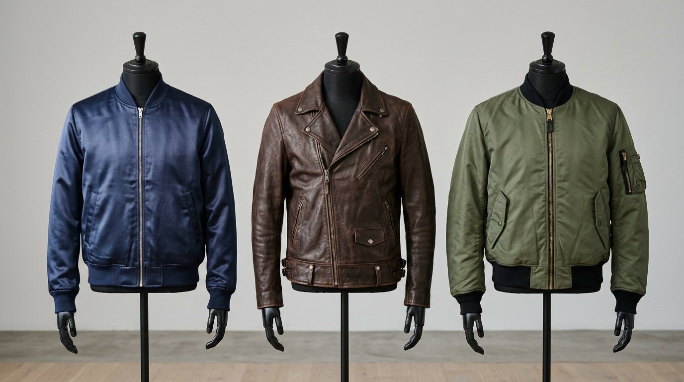 Comparison of satin leather and nylon jackets showing differences in texture and style