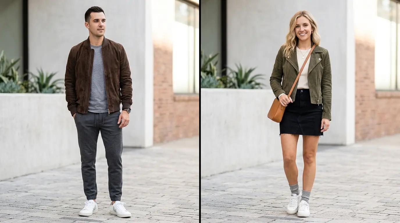 man and woman wearing suede jackets styled casually with jeans and sneakers