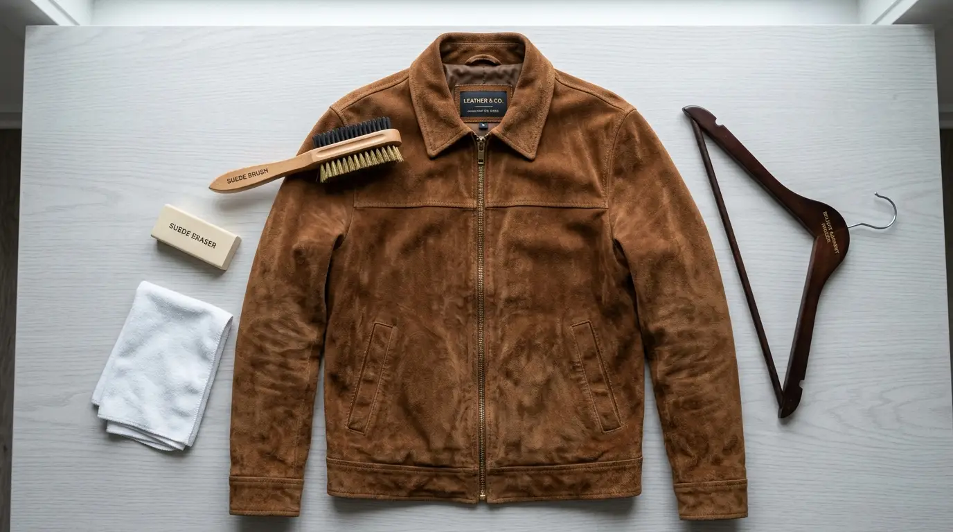 brown suede jacket with cleaning tools including suede brush eraser and cloth for proper care