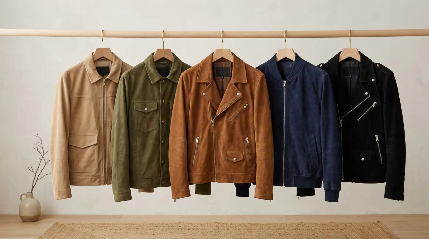 collection of suede jackets in brown black green blue and beige colors on hangers