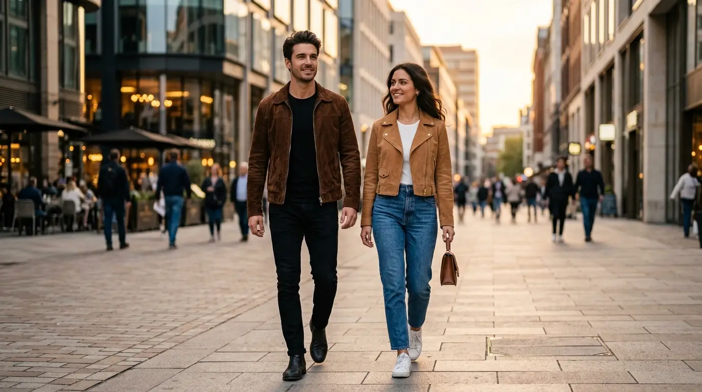 man and woman wearing suede jackets walking in city street modern fashion style