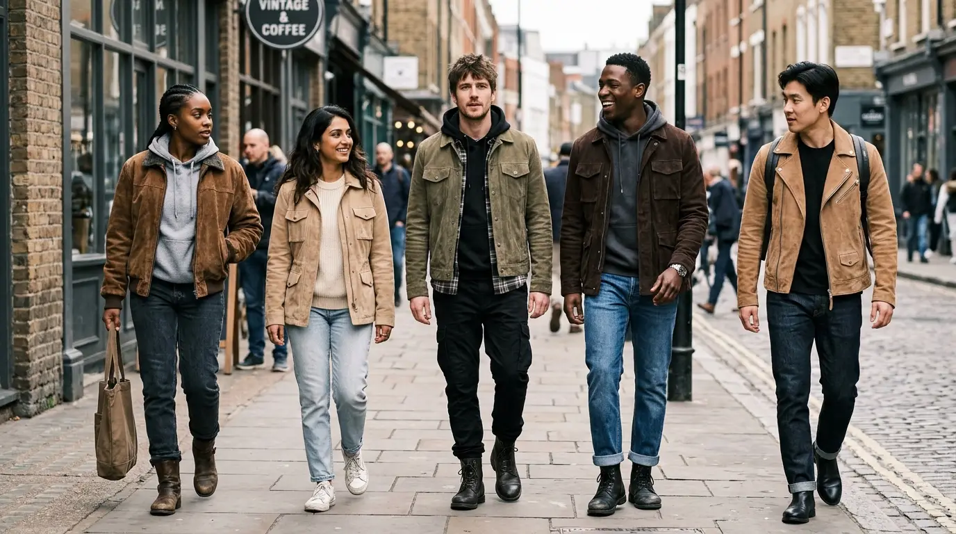 group of people wearing suede jackets in different colors street style fashion
