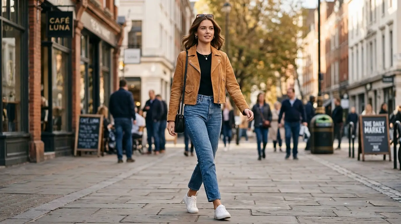 woman wearing cropped suede jacket with high waisted jeans casual outfit