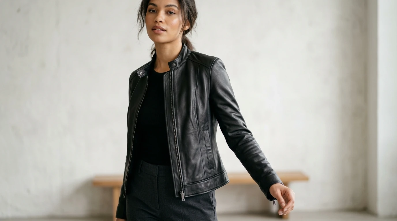 woman wearing black lambskin leather jacket with clean fitted modern style