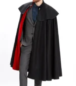 Mens 1901 Black and Red Cloak front view with open front, stand up collar, and bold contrast