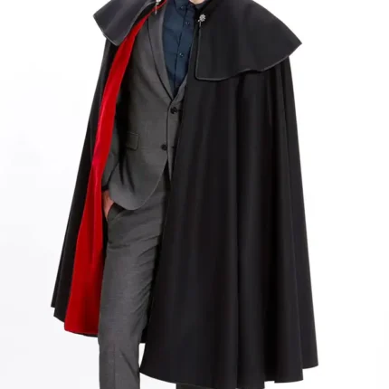 Mens 1901 Black and Red Cloak front view with open front, stand up collar, and bold contrast