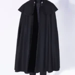 Mens 1901 Black Wool Cloak front view with premium wool, stand up collar, and open front style