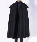 Mens 1901 Black Wool Cloak front view with premium wool, stand up collar, and open front style