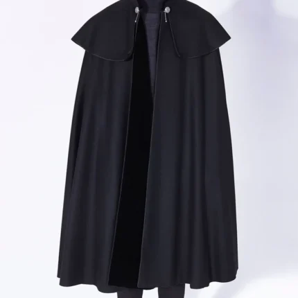 Mens 1901 Black Wool Cloak front view with premium wool, stand up collar, and open front style