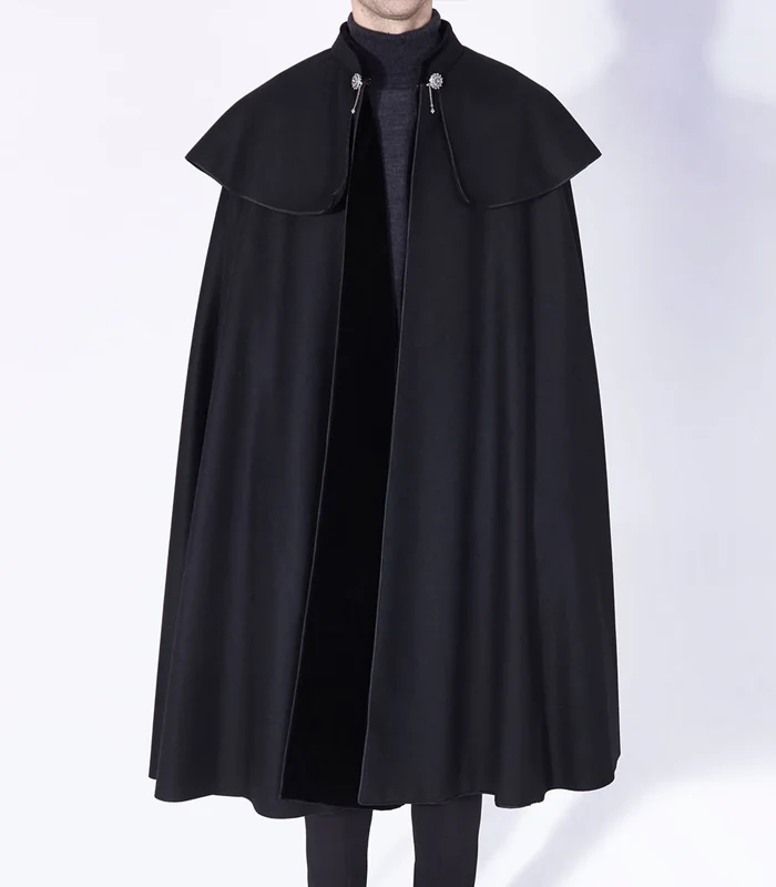 Mens 1901 Black Wool Cloak Front View Mens 1901 Black Wool Cloak front view with premium wool, stand up collar, and open front style