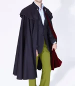 Mens 1901 Navy Burgundy Wool Cloak with classic wool drape, open front style, and rich color blend