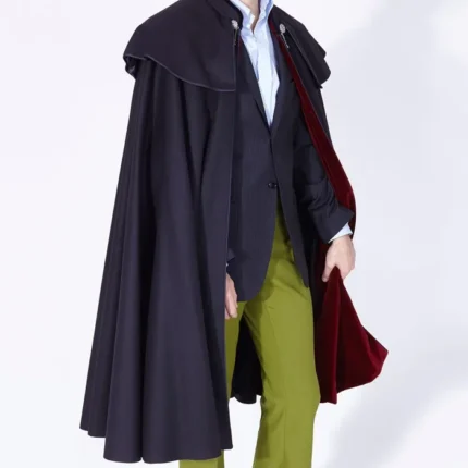 Mens 1901 Navy Burgundy Wool Cloak with classic wool drape, open front style, and rich color blend