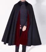 Mens Alfonso Black and Burgundy Wool Cape front view with premium wool and shirt style collar