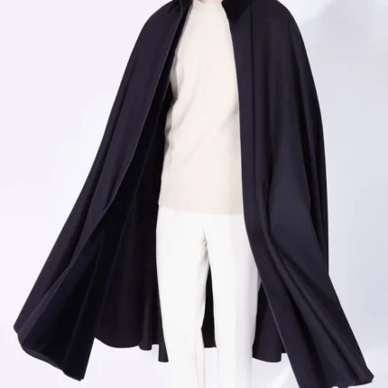 Mens Alfonso Blue Wool Cloak with elegant blue wool fabric, long cape cut, and refined menswear appeal