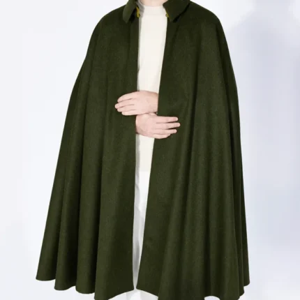 Mens Alfonso Long Green Wool Cape with deep green finish, long wool fall, and clean cape structure