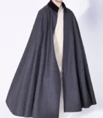 Mens Alfonso Long Grey Wool Cape with full-length grey drape, open front, and clean menswear look