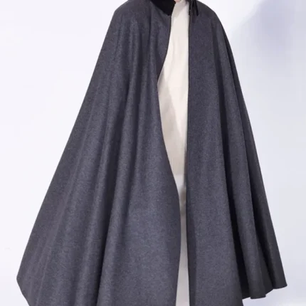 Mens Alfonso Long Grey Wool Cape with full-length grey drape, open front, and clean menswear look